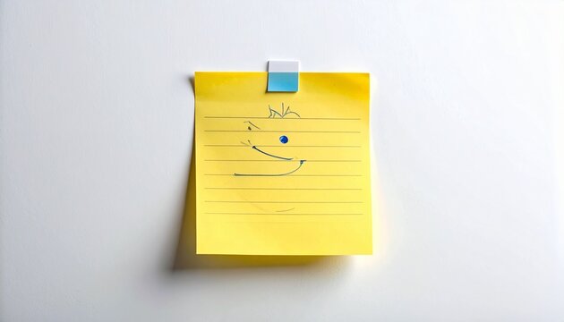 Yellow sticky note with smiley face and pin on white background, adhesive note, positive symbol, office supply