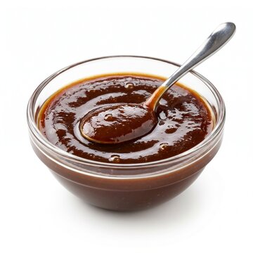 Thick brown barbecue sauce inside a small clear glass bowl with a metal spoon rests on a plain white background captured in bright studio lighting