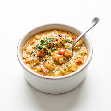Creamy lobster bisque served in a white ceramic bowl with a metal spoon topped with fresh green herbs and red spices on a white surface