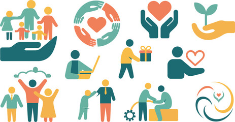 Fototapeta premium Charity Community Helping Hands Icons Diverse People Care Support Symbols vector design
