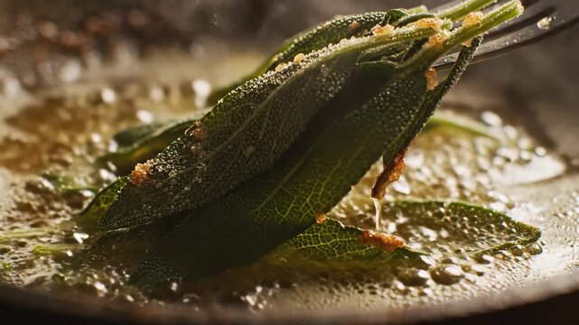 Fresh sage leaves frying in bubbling hot butter inside a pan as a culinary garnish