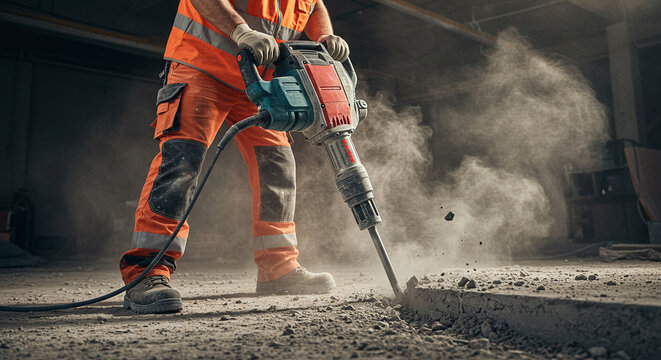Worker operating a jackhammer to break up concrete, creating dust and flying rubble.Concept of demolition and heavy-duty construction.