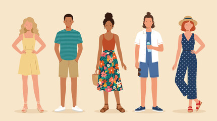 Fototapeta premium Diverse group of stylish young adults in summer fashion posing together outdoors with a neutral background