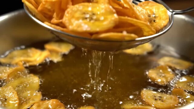 Frying sliced plantains in hot bubbling oil and scooping them out with a metal strainer
