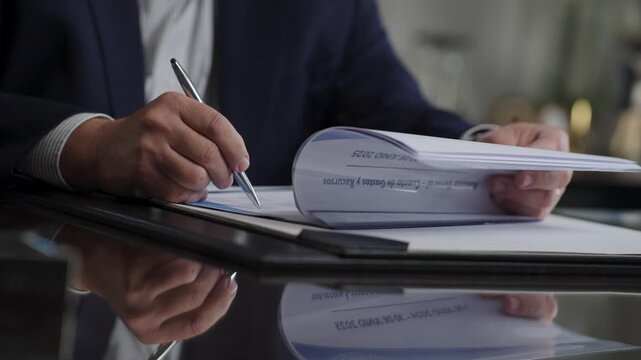 Oficinista revisando y firmando documentos en c&aacute;mara lenta, trabajo de oficina, negocios, contabilidad, asuntos legales, administraci&oacute;n, contratos y gesti&oacute;n empresarial