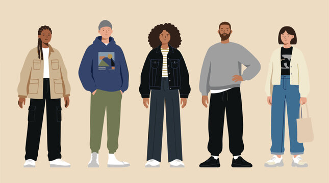 Diverse group of fashionable young adults standing together showcasing modern street style outfits and casual urban clothing