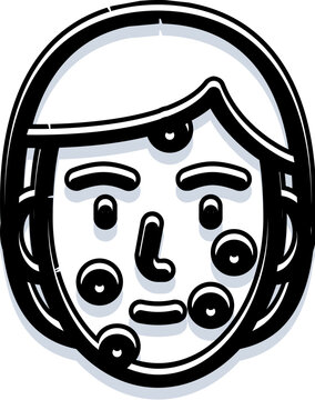 Person's face showing common skin issues like acne, pimples, red spots and blemishes, simple line art illustration for dermatology, skincare, health and treatment concepts