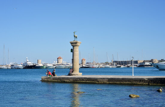 Rhodes, Greece, Harbour, windmill and motor yachts