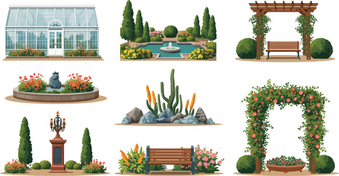Garden elements and furniture for landscaping and decoration ideas