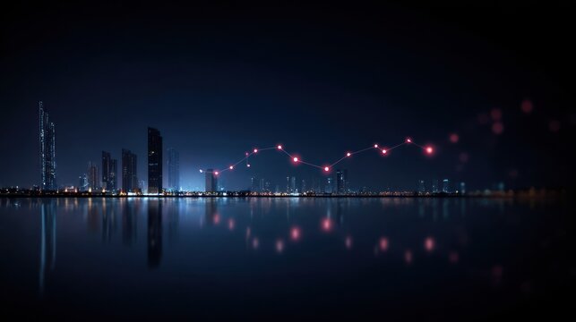 Illuminated city skyline reflects over dark water displaying a rising digital trend line