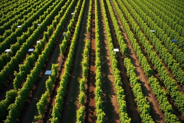 Fototapeta premium Aerial view of green vineyard rows neatly organized in the farm with sunlight casting shadows on the soil during daytime