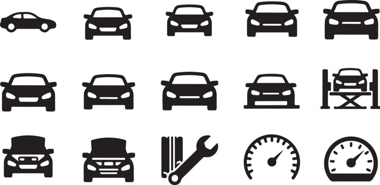 Car icons, vehicle symbols, automotive signs, transport graphics