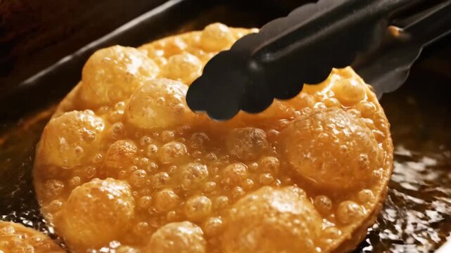 Golden tortilla dough bubbling and crisping as it deep-fries in hot oil for a delicious meal