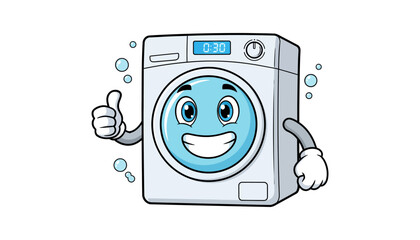 Cute cartoon washing machine character giving thumbs up with appliance, thumbsup