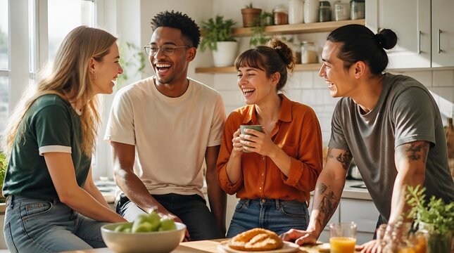 Group of diverse friends talking in modern home kitchen.