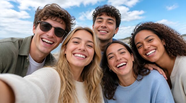 Group of four smiling friends taking a selfie outdoors.