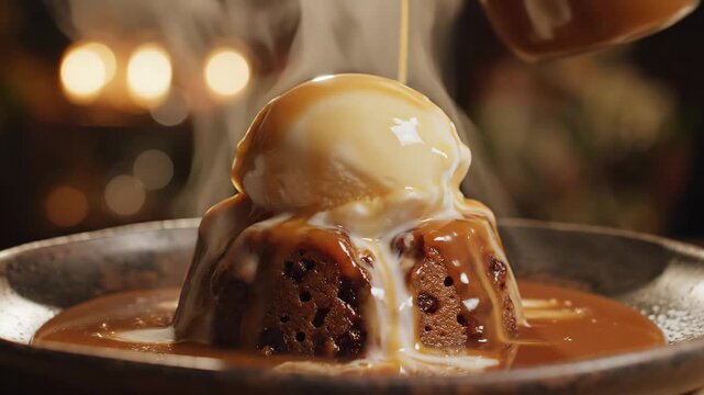 Hot caramel sauce poured over sticky toffee pudding with melting vanilla ice cream