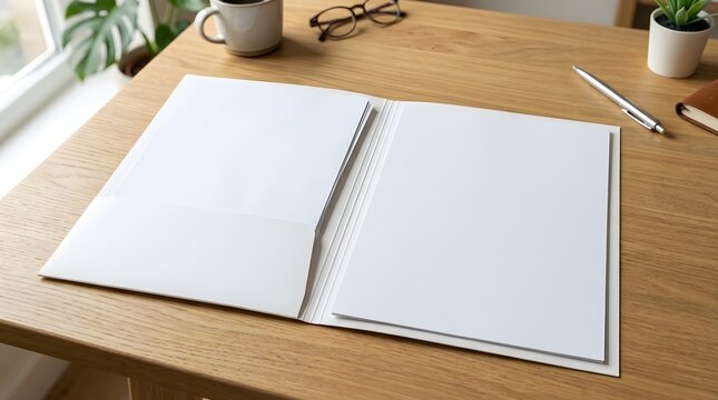 White presentation folder mock up placed on a clean wooden office desk with office supplies for professional business branding