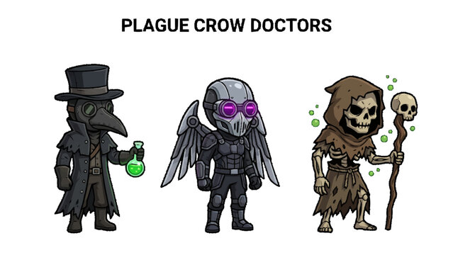 Three cartoon plague crow doctors standing together on isolated transparent background
