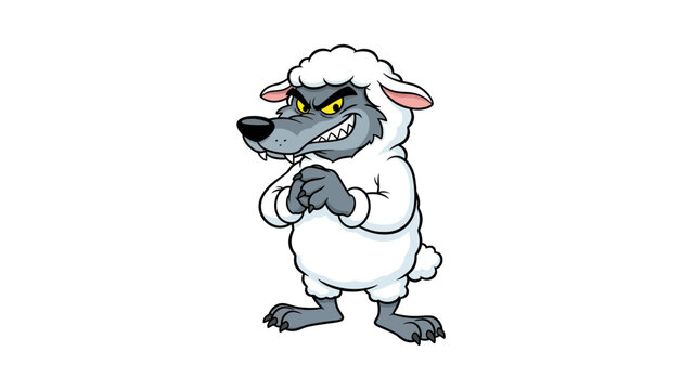 Cartoon wolf in sheep clothing concept character illustration with deception