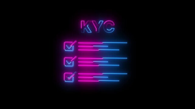Neon outline of KYC text with a checkbox and document lines on a black background. Know Your Customer concept, Business verifying the identity of clients for KYC financial client authentication.