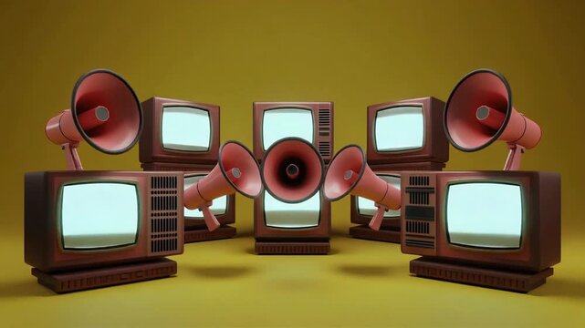 Vintage television sets and megaphones arranged in a circular formation creating abstract digital motion video background for media concepts