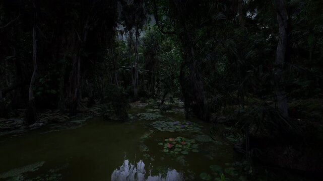 Silent marsh reflecting muted sky with shallow channels and dense tree silhouettes, scattered lily clusters and algae create quiet, contemplative landscape
