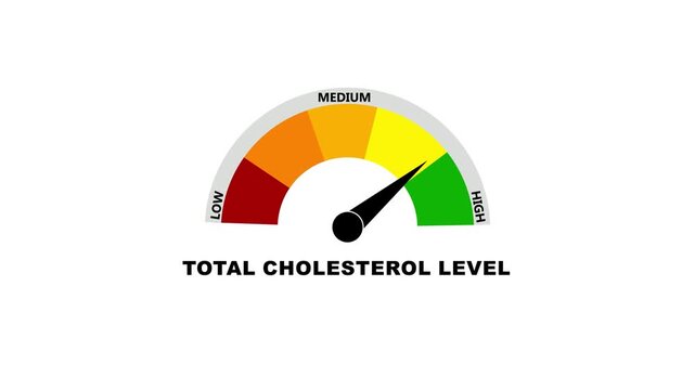 Total cholesterol level meter moving from high level to normal level, Medical Animation of Total Cholesterol Meter.