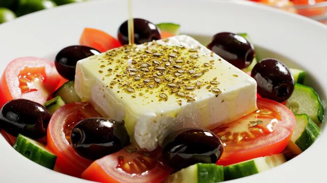 Pouring golden olive oil over a fresh Greek salad with a block of feta cheese and olives