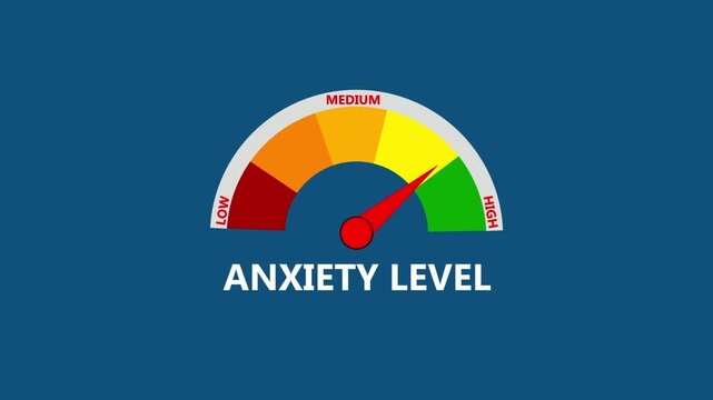 Anxiety level gauge transitions from low to high.vibrant colors and clear indicators, capturing the progression of anxiety in a visually engaging manner.