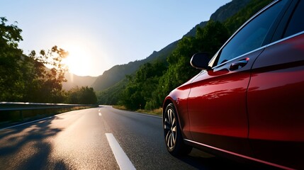 Obraz premium A car drives along a scenic road surrounded by lush green forests under bright midday sunlight