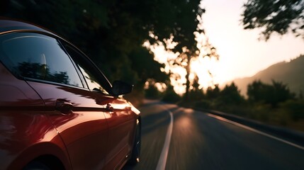 Naklejka premium A vehicle is captured on a scenic road during the golden hour emphasizing the beauty of the landscape and the journey