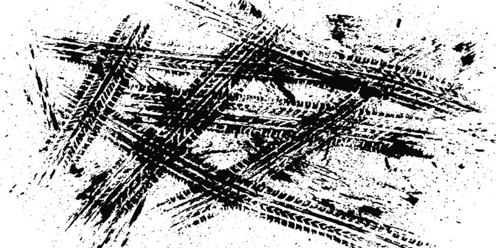 Abstract overlapping black tire tracks with grunge mud splashes and dirt skid marks vector illustration.