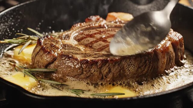 Ribeye steak searing in a cast iron skillet being basted with melted butter and rosemary.