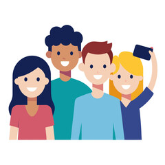 Fototapeta premium A diverse group of smiling young friends taking a group selfie together with a mobile smartphone device