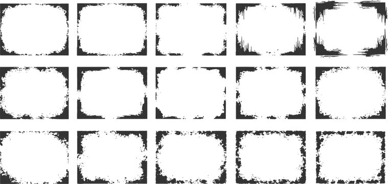 Set of black distressed grunge frames and rough border templates with textured edges vector illustration.