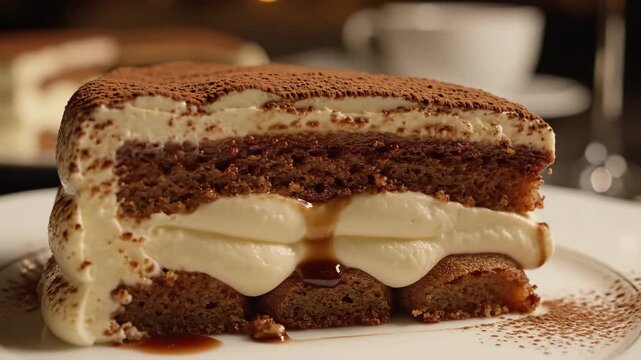 Slice of classic Italian tiramisu dessert with layers of mascarpone cream and coffee ladyfingers