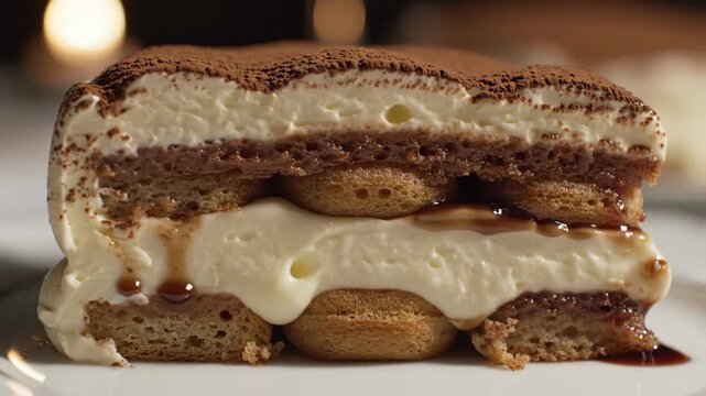 Slice of classic Italian tiramisu showing layers of mascarpone cream and coffee soaked ladyfingers