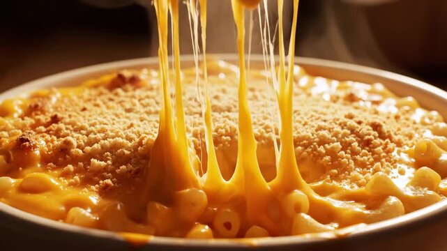 Spoon scooping creamy macaroni and cheese with stretching melted cheddar and breadcrumbs