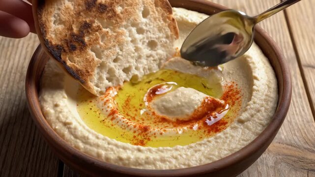 Spoon swirling in creamy hummus with olive oil and paprika, dipping toasted pita bread