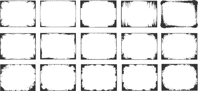Set of distressed grunge frames and textured rectangle borders with rough edges vector illustration for creative artistic designs.