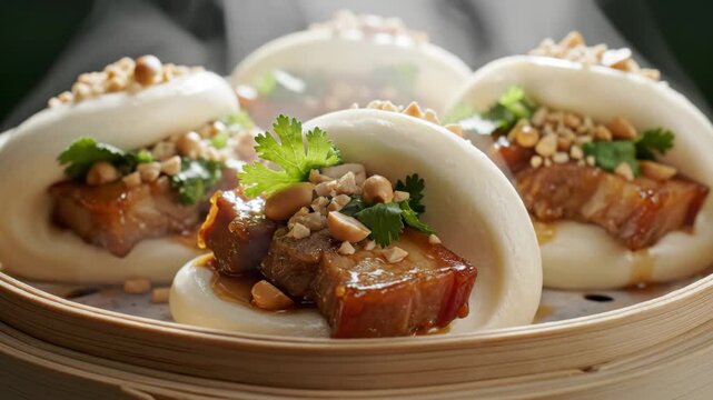 Steaming hot bao buns filled with braised pork belly, crushed peanuts, and fresh cilantro
