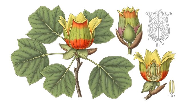 Liriodendron tulipifera flower and leaves with botanical illustration details on white