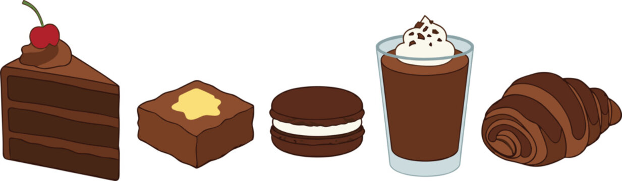 Delicious chocolate bakery desserts vector flat icon set featuring sweet bakery food treats like cake slice fudge brownie macaron mousse glass and croissant