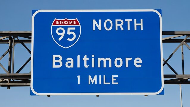 Blue highway sign indicating Baltimore one mile north interstate 95