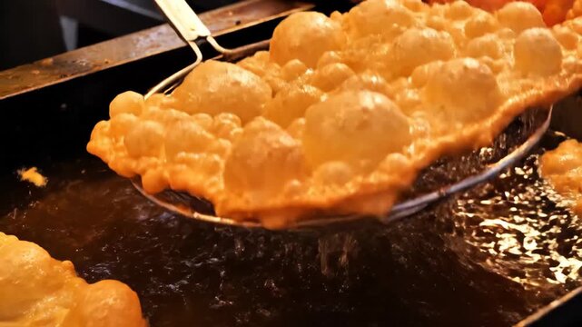 Traditional Brazilian pastel frying in hot boiling oil with crispy golden bubbles