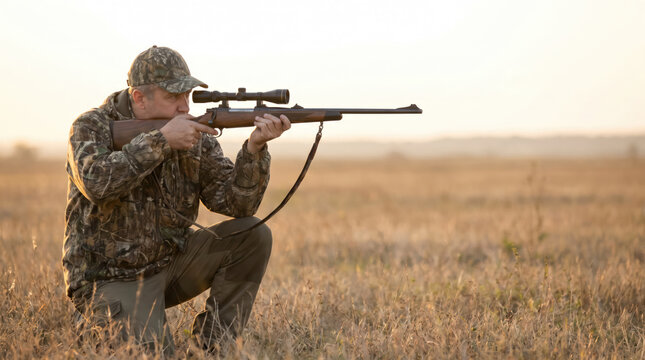 Hunter Aiming Scoped Rifle in Open Field During Hunting Season