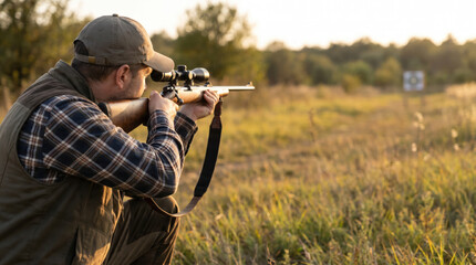Fototapeta premium Hunter Aiming Scoped Rifle in Open Field During Hunting Season