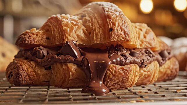 Warm crookie with chocolate chip cookie dough and melted chocolate pouring over