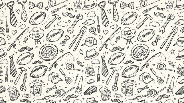 Hand drawn father's day doodle pattern featuring masculine hobbies tools and celebration icons on a cream colored background